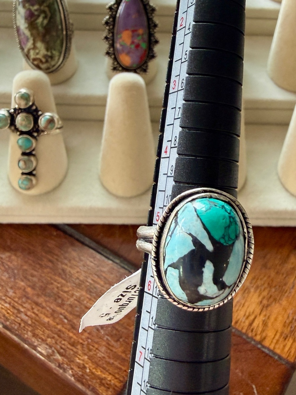 Sterling Silver Turquoise Statement Ring - Teal & Black Oval Stone 5